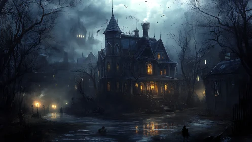 Gothic mansion glows under stormy night skies, hinting dread