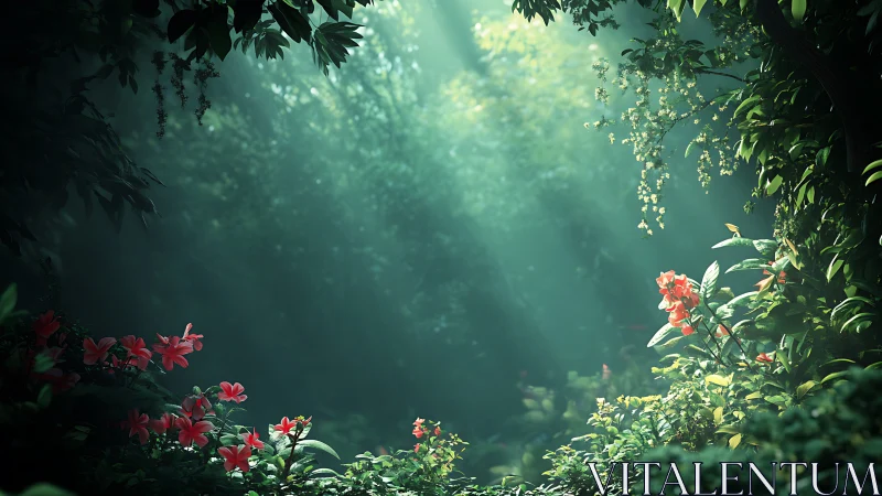 Enchanted Forest Garden. Ethereal Light Through Verdant Canopy.