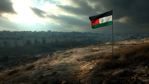 Storm-lit hillside cityscape with solitary tricolor flag.