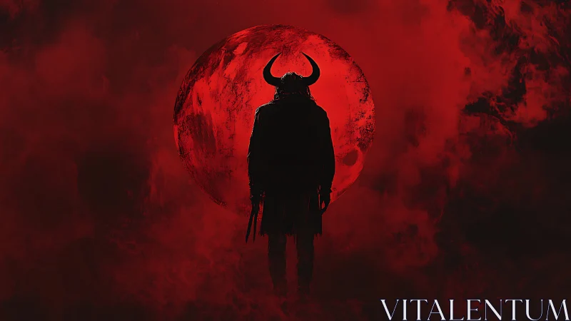 Shadowed horned wanderer stands before a burning red moon