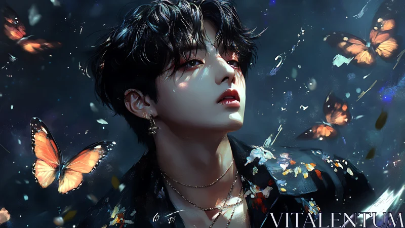 Ethereal youth gazes upward amid luminous monarch butterflies