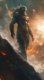 Armored mythic warrior standing over burning shoreline.