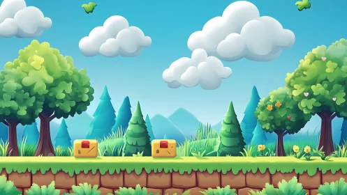 Stylized pastoral landscape with layered trees, clouds, and treasure elements