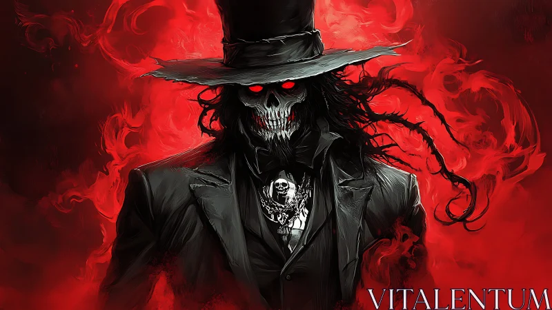 Crimson dandy of death strides through swirling hellfire.