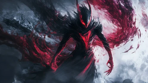 Crimson shadow warrior strides forward through swirling storm