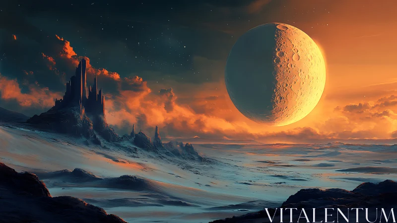 Colossal crescent moon over frozen alien dunes at dusk.