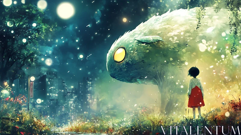 Child meets luminous forest spirit under moonlit sky.