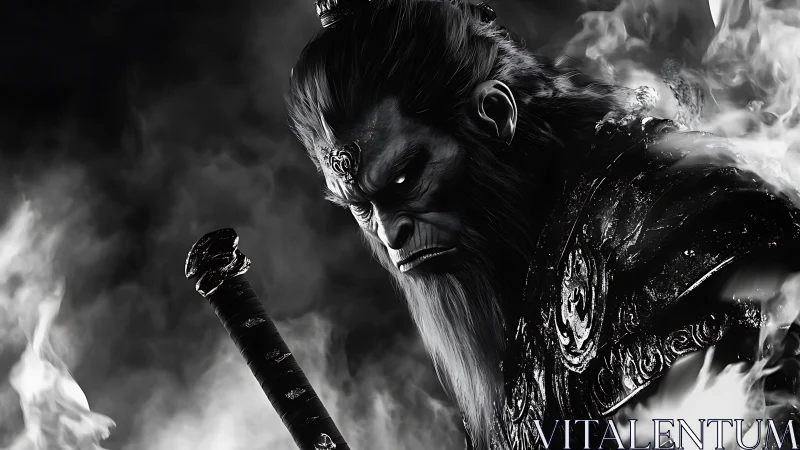 Stoic warrior monkey king rises through swirling smoke.
