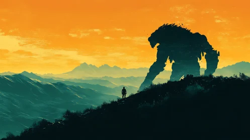 Sunset colossus and lone wanderer on teal mountain ridges.