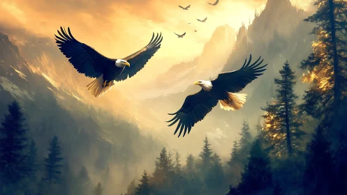 Majestic Bald Eagles Soaring Over Sunrise Mountain Landscape.
