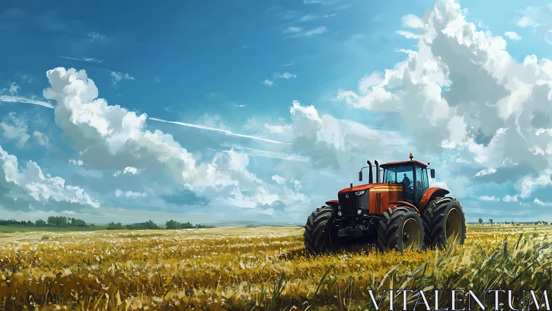 Red tractor stands in harvested wheat field under wide sky