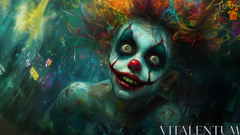 Neon nightmare clown emerging in chaotic urban gloom.