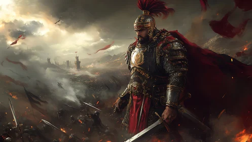 Storm-lit warlord pauses as shattered kingdoms burn below