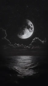 Full moon over dark ocean with bright silver reflections.
