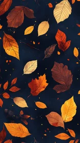 Scattered autumn leaves drifting over deep midnight blue.