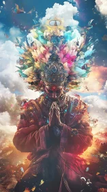 Robe-clad figure with ornate headdress amid cloud fragments.