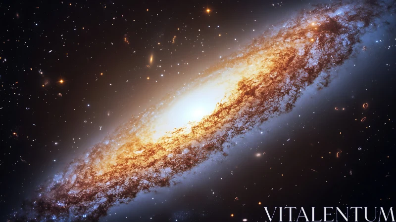 Spiral galaxy core glows through dense starfield dust.