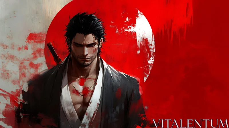 Brooding ronin before a crimson rising sun of resolve.