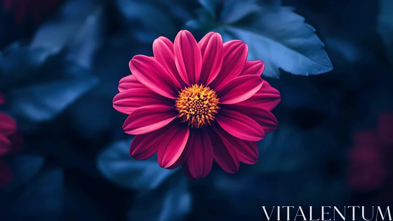 Crimson Dahlia Glowing Against Twilight Garden Shadows.
