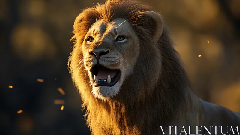 Majestic lion roars in golden dusk light on the savanna