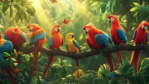 Vibrant Scarlet Macaws and Parrots on Jungle Branch, Realistic Art.