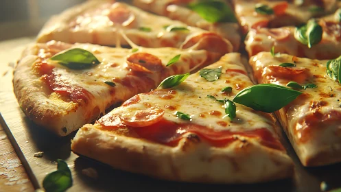 Golden slices of cheesy pizza fresh from the oven.