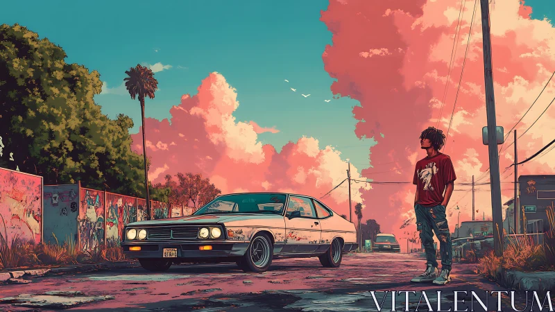 Young man stands beside vintage car on quiet urban street