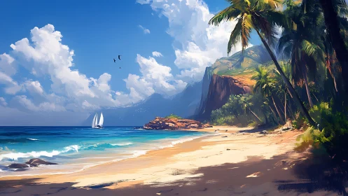 Tropical Beach Cove with Sailboat and Cliff Vista.