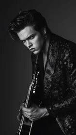 Moody monochrome guitarist radiates dark stage charisma.
