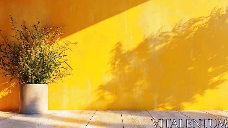 Yellow wildflowers against sunlit wall cast bold shadows.