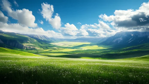 Mountain valley landscape shows wide green fields and clouds