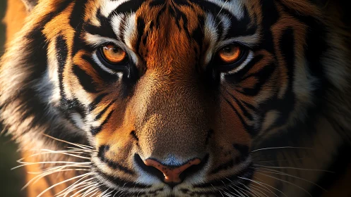 Tiger face close-up shows intense gaze and sharp detail