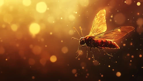 Macro digital painting of luminous insect in bokeh field.