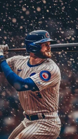 Baseball batter prepares swing under falling stadium snow