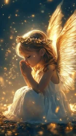 Golden-winged child angel kneels in quiet, sparkling light