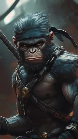 Warrior monkey stands armed in smoldering jungle light.