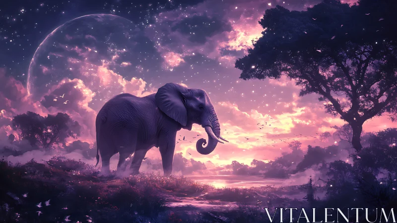 Celestial elephant wanders beneath a glowing violet sky.