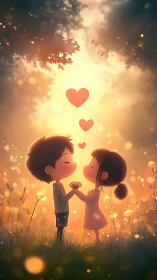 Cartoon Couple Exchanging Flower Under Golden Sunset Sky.