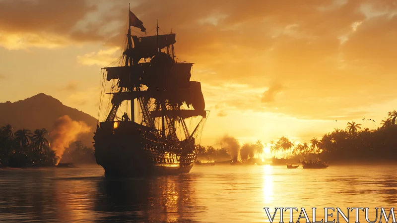 Sunlit galleon sails toward a blazing tropical horizon