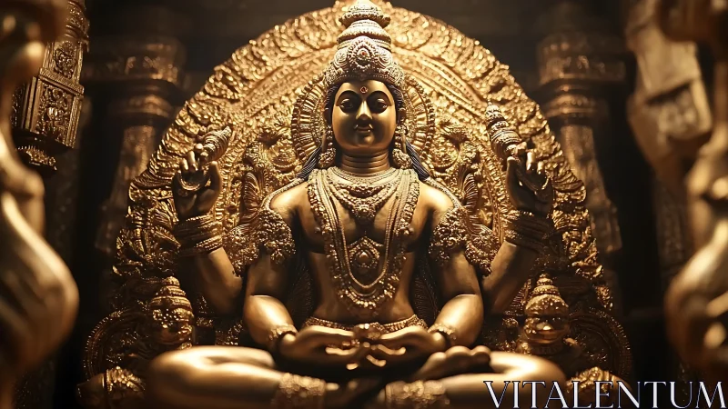 Golden seated deity sculpture with ornate halo backdrop.