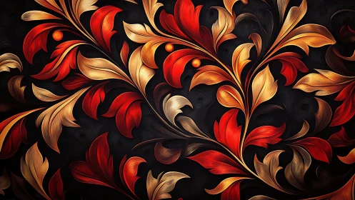 Ornate red and gold foliage curls over deep black ground.