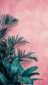 Tropical palm leaves against textured pastel pink wall.