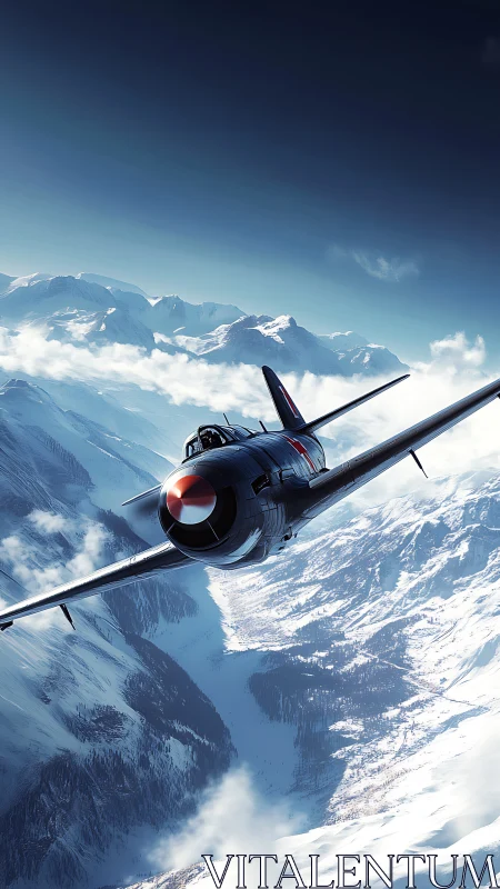 Storm-gray fighter jet diving through sunlit alpine pass.