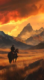 Lone rider on horseback under dramatic sunset sky.