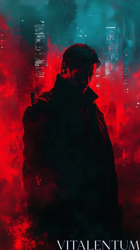 Neon ghost with a gun haunts red soaked megacity dusk.