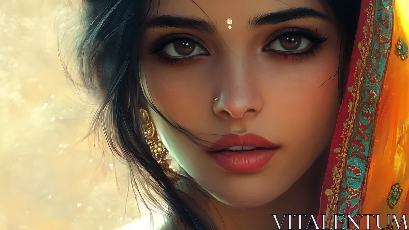 Digital portrait of woman in sari with detailed ornaments.