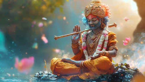 Seated deity figure in orange robes with flute and garlands.