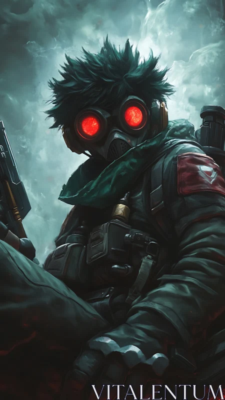 Lone wasteland scout rests under stormy, glowing skies