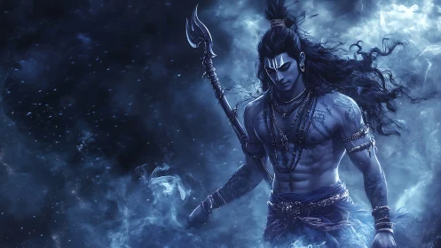 Stormlit cosmic warrior strides through swirling blue mist.