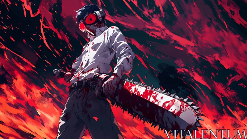 Blood-soaked warrior stands wielding roaring chainsaw blade.